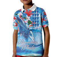 Hawaiian Waves Whale Kid Polo Shirt Kakau Art and Tropical Red Hibiscus Flowers LT03 Kid Blue - Polynesian Pride