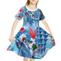 Hawaiian Waves Whale Kid Short Sleeve Dress Kakau Art and Tropical Red Hibiscus Flowers LT03 - Polynesian Pride