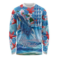 Hawaiian Waves Whale Long Sleeve Shirt Kakau Art and Tropical Red Hibiscus Flowers LT03 Unisex Blue - Polynesian Pride
