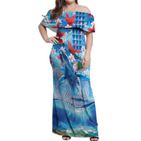 Hawaiian Waves Whale Off Shoulder Maxi Dress Kakau Art and Tropical Red Hibiscus Flowers LT03 Women Blue - Polynesian Pride