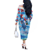 Hawaiian Waves Whale Off The Shoulder Long Sleeve Dress Kakau Art and Tropical Red Hibiscus Flowers LT03 - Polynesian Pride
