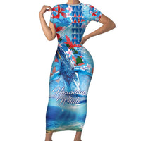 Hawaiian Waves Whale Short Sleeve Bodycon Dress Kakau Art and Tropical Red Hibiscus Flowers LT03 Long Dress Blue - Polynesian Pride