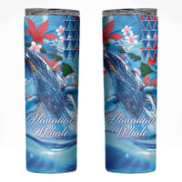 Hawaiian Waves Whale Skinny Tumbler Kakau Art and Tropical Red Hibiscus Flowers LT03 Blue - Polynesian Pride