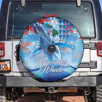 Hawaiian Waves Whale Spare Tire Cover Kakau Art and Tropical Red Hibiscus Flowers LT03 Blue - Polynesian Pride