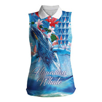 Hawaiian Waves Whale Women Sleeveless Polo Shirt Kakau Art and Tropical Red Hibiscus Flowers LT03 Female Blue - Polynesian Pride