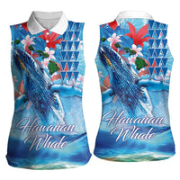 Hawaiian Waves Whale Women Sleeveless Polo Shirt Kakau Art and Tropical Red Hibiscus Flowers LT03 - Polynesian Pride