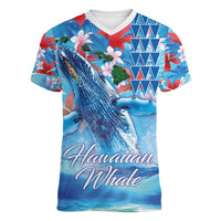 Hawaiian Waves Whale Women V-Neck T-Shirt Kakau Art and Tropical Red Hibiscus Flowers LT03 Female Blue - Polynesian Pride