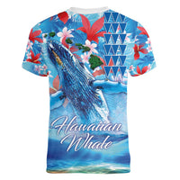 Hawaiian Waves Whale Women V-Neck T-Shirt Kakau Art and Tropical Red Hibiscus Flowers LT03 - Polynesian Pride