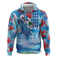 Hawaiian Waves Whale Zip Hoodie Kakau Art and Tropical Red Hibiscus Flowers LT03 Pullover Hoodie Blue - Polynesian Pride