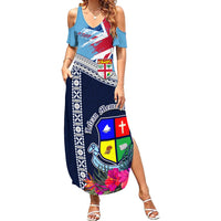 Fiji Lelean Memorial School Family Matching Summer Maxi Dress and Hawaiian Shirt Tapa and Polynesian Tribal Pattern LT03 Mom's Dress Blue - Polynesian Pride
