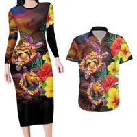 Hawaiian Sea Animals Love Couple Couples Matching Long Sleeve Bodycon Dress and Hawaiian Shirt Aloha Sunset Symphony LT03 Black - Polynesian Pride
