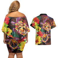 Hawaiian Sea Animals Love Couple Couples Matching Off Shoulder Short Dress and Hawaiian Shirt Aloha Sunset Symphony