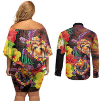 Hawaiian Sea Animals Love Couple Couples Matching Off Shoulder Short Dress and Long Sleeve Button Shirt Aloha Sunset Symphony