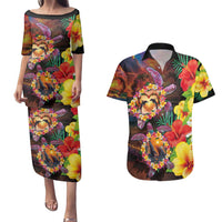 Hawaiian Sea Animals Love Couple Couples Matching Puletasi and Hawaiian Shirt Aloha Sunset Symphony LT03 Black - Polynesian Pride