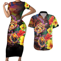 Hawaiian Sea Animals Love Couple Couples Matching Short Sleeve Bodycon Dress and Hawaiian Shirt Aloha Sunset Symphony LT03 Black - Polynesian Pride