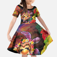 Hawaiian Sea Animals Love Couple Family Matching Puletasi and Hawaiian Shirt Aloha Sunset Symphony LT03 Daughter's Dress Black - Polynesian Pride