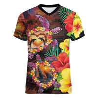 Hawaiian Sea Animals Love Couple Women V-Neck T-Shirt Aloha Sunset Symphony LT03 Female Black - Polynesian Pride