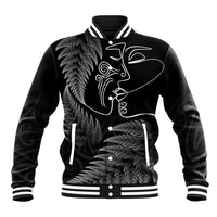 New Zealand Valentine's Day Baseball Jacket Silver Fern and Line Art Love Couple LT03 Unisex Black - Polynesian Pride
