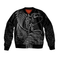 New Zealand Valentine's Day Bomber Jacket Silver Fern and Line Art Love Couple LT03 Unisex Black - Polynesian Pride