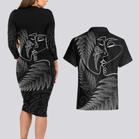 New Zealand Valentine's Day Couples Matching Long Sleeve Bodycon Dress and Hawaiian Shirt Silver Fern and Line Art Love Couple LT03 - Polynesian Pride