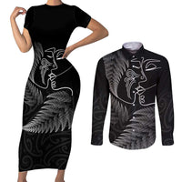 New Zealand Valentine's Day Couples Matching Short Sleeve Bodycon Dress and Long Sleeve Button Shirt Silver Fern and Line Art Love Couple LT03 Black - Polynesian Pride