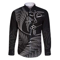 New Zealand Valentine's Day Family Matching Off Shoulder Maxi Dress and Hawaiian Shirt Silver Fern and Line Art Love Couple LT03 Dad's Shirt - Long Sleeve Black - Polynesian Pride