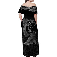 New Zealand Valentine's Day Family Matching Off Shoulder Maxi Dress and Hawaiian Shirt Silver Fern and Line Art Love Couple LT03 - Polynesian Pride