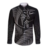 New Zealand Valentine's Day Long Sleeve Button Shirt Silver Fern and Line Art Love Couple LT03 Unisex Black - Polynesian Pride