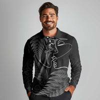 New Zealand Valentine's Day Long Sleeve Polo Shirt Silver Fern and Line Art Love Couple LT03 - Polynesian Pride