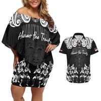 Aotearoa Waitangi Day - Toitu Te Tiriti Couples Matching Off Shoulder Short Dress and Hawaiian Shirt New Zealand Honour the Treaty LT03 Black - Polynesian Pride