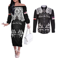 Aotearoa Waitangi Day - Toitu Te Tiriti Couples Matching Off The Shoulder Long Sleeve Dress and Long Sleeve Button Shirt New Zealand Honour the Treaty LT03 Black - Polynesian Pride