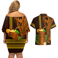 Hawaii Tiki Mask Cocktail Couples Matching Off Shoulder Short Dress and Hawaiian Shirt Kakau Tattoo LT03 - Polynesian Pride