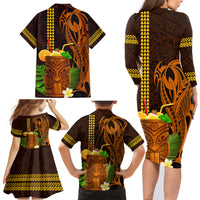 Hawaii Tiki Mask Cocktail Family Matching Long Sleeve Bodycon Dress and Hawaiian Shirt Kakau Tattoo LT03 - Polynesian Pride