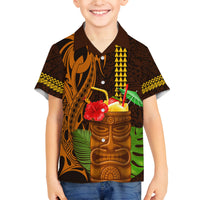 Hawaii Tiki Mask Cocktail Family Matching Off Shoulder Long Sleeve Dress and Hawaiian Shirt Kakau Tattoo LT03 Son's Shirt Brown - Polynesian Pride