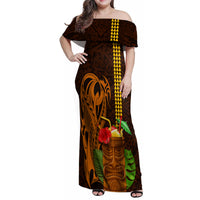 Hawaii Tiki Mask Cocktail Family Matching Off Shoulder Maxi Dress and Hawaiian Shirt Kakau Tattoo LT03 Mom's Dress Brown - Polynesian Pride