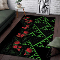 Hawaiian Green Kakau Art Tattoo-Ohia Lehua and Taro Leaves Area Rug LT03 Black-Green - Polynesian Pride