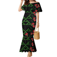 Hawaiian Green Kakau Art Tattoo-Ohia Lehua and Taro Leaves Family Matching Mermaid Dress and Hawaiian Shirt LT03 Mom's Dress Black-Green - Polynesian Pride