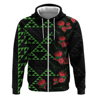 Hawaiian Green Kakau Art Tattoo-Ohia Lehua and Taro Leaves Hoodie LT03 Zip Hoodie Black-Green - Polynesian Pride