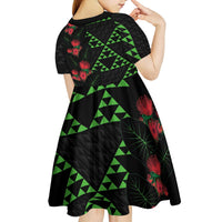 Hawaiian Green Kakau Art Tattoo-Ohia Lehua and Taro Leaves Kid Short Sleeve Dress LT03 - Polynesian Pride
