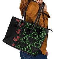 Hawaiian Green Kakau Art Tattoo-Ohia Lehua and Taro Leaves Leather Tote Bag LT03 - Polynesian Pride
