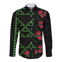 Hawaiian Green Kakau Art Tattoo-Ohia Lehua and Taro Leaves Long Sleeve Button Shirt LT03 Unisex Black-Green - Polynesian Pride