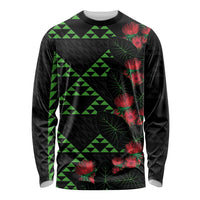 Hawaiian Green Kakau Art Tattoo-Ohia Lehua and Taro Leaves Long Sleeve Shirt LT03 Unisex Black-Green - Polynesian Pride
