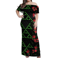 Hawaiian Green Kakau Art Tattoo-Ohia Lehua and Taro Leaves Off Shoulder Maxi Dress LT03 Women Black-Green - Polynesian Pride