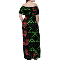 Hawaiian Green Kakau Art Tattoo-Ohia Lehua and Taro Leaves Off Shoulder Maxi Dress LT03 - Polynesian Pride
