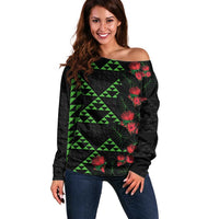 Hawaiian Green Kakau Art Tattoo-Ohia Lehua and Taro Leaves Off Shoulder Sweater LT03 Women Black-Green - Polynesian Pride