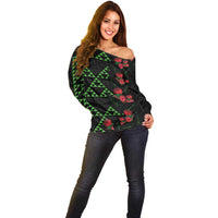Hawaiian Green Kakau Art Tattoo-Ohia Lehua and Taro Leaves Off Shoulder Sweater LT03 - Polynesian Pride