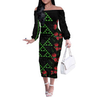 Hawaiian Green Kakau Art Tattoo-Ohia Lehua and Taro Leaves Off The Shoulder Long Sleeve Dress LT03 Women Black-Green - Polynesian Pride