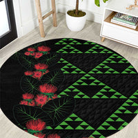 Hawaiian Green Kakau Art Tattoo-Ohia Lehua and Taro Leaves Round Carpet LT03 Black-Green - Polynesian Pride