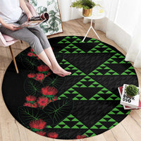 Hawaiian Green Kakau Art Tattoo-Ohia Lehua and Taro Leaves Round Carpet LT03 - Polynesian Pride