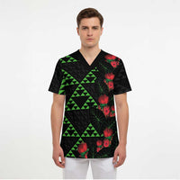 Hawaiian Green Kakau Art Tattoo-Ohia Lehua and Taro Leaves Scrub Top LT03 - Polynesian Pride